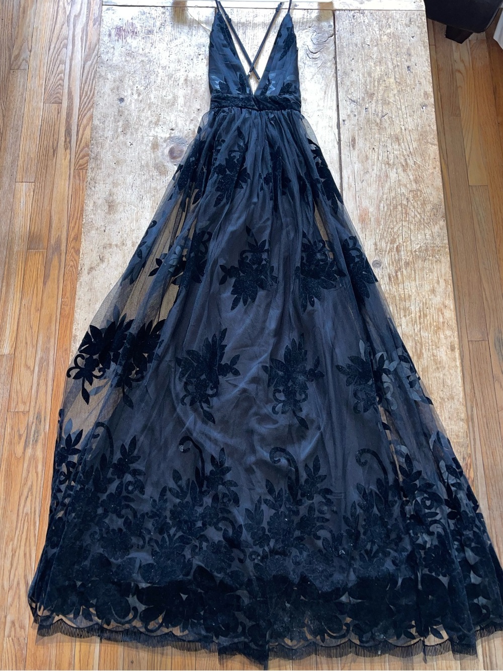 Black Floral Mesh Maxi Dress with Plunge V-Neck